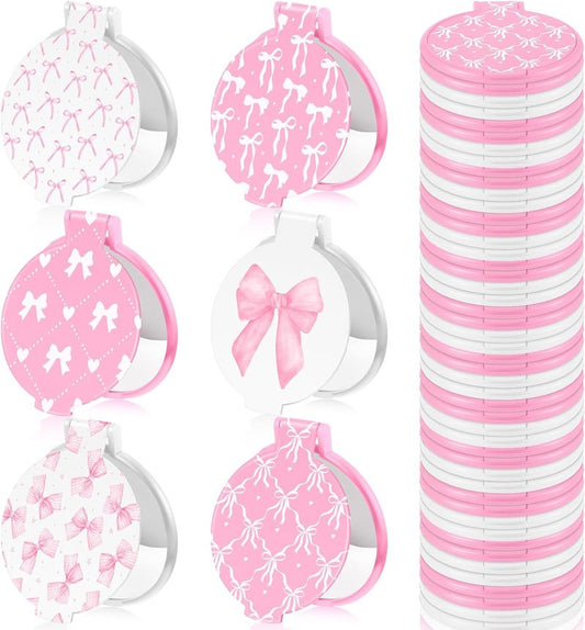 Pink Bow Mini Compact Mirrors - 36 Pcs Portable Round Makeup Mirrors | Perfect Party Favors & Gifts for Women