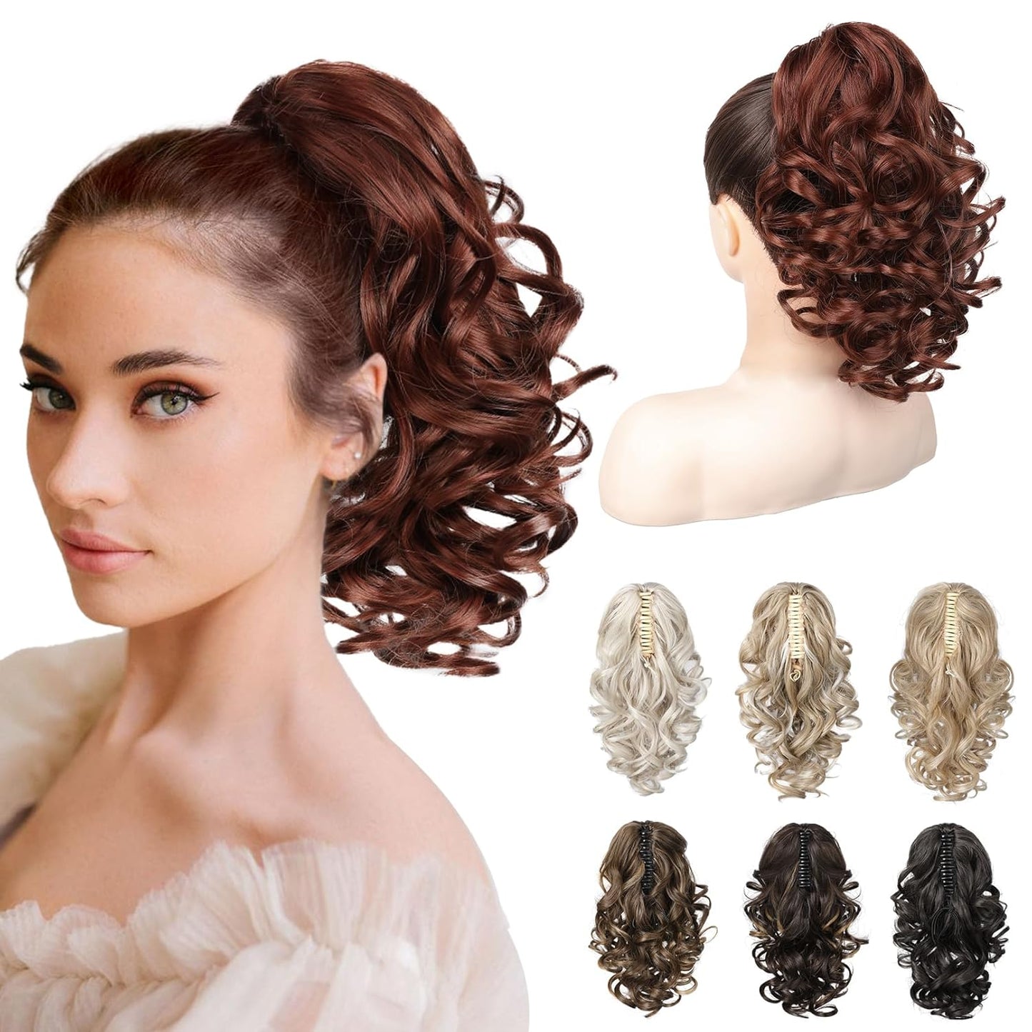 12-Inch Ponytail Extension - Classic Loose Curly Wavy Claw Clip Hairpiece for Women | Chocolate Brown with Highlights