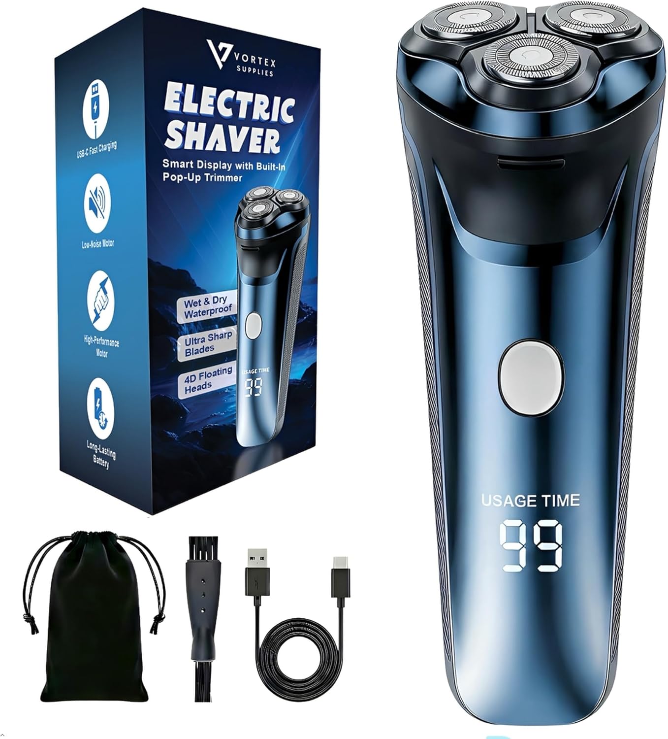 Electric Rotary Shaver for Men - 2-in-1 USB Rechargeable Razor with 4D Floating Heads & Pop-Up Trimmer | Waterproof, LCD Display, 90 Min Runtime