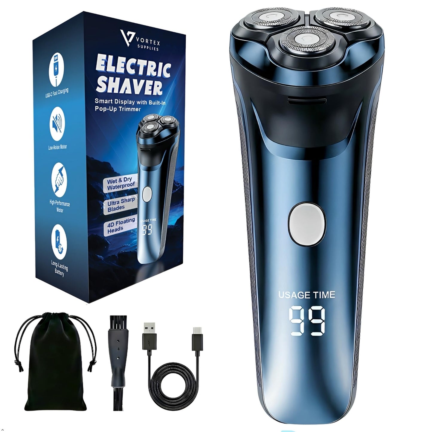 Smart 2-in-1 Electric Rotary Shaver for Men with 4D Floating Heads & Pop-Up Trimmer - USB Rechargeable, Wet & Dry Waterproof Razor with LCD Display (90 Min Runtime)