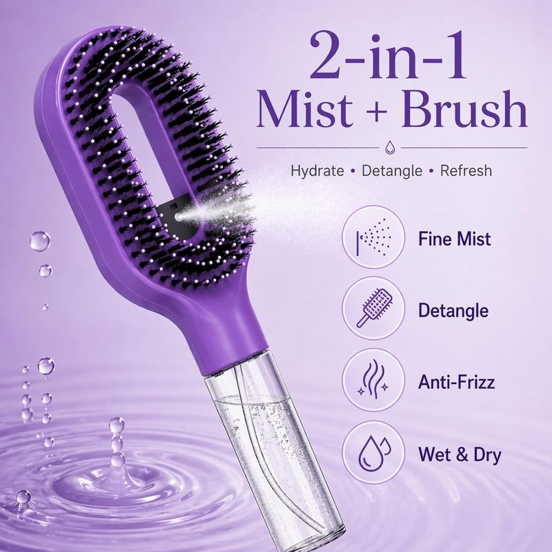 Misting Hair Brush - 2-in-1 Detangling Hairbrush with Spray & Refillable Reservoir | Anti-Frizz for Curly & Thick Hair (Purple)