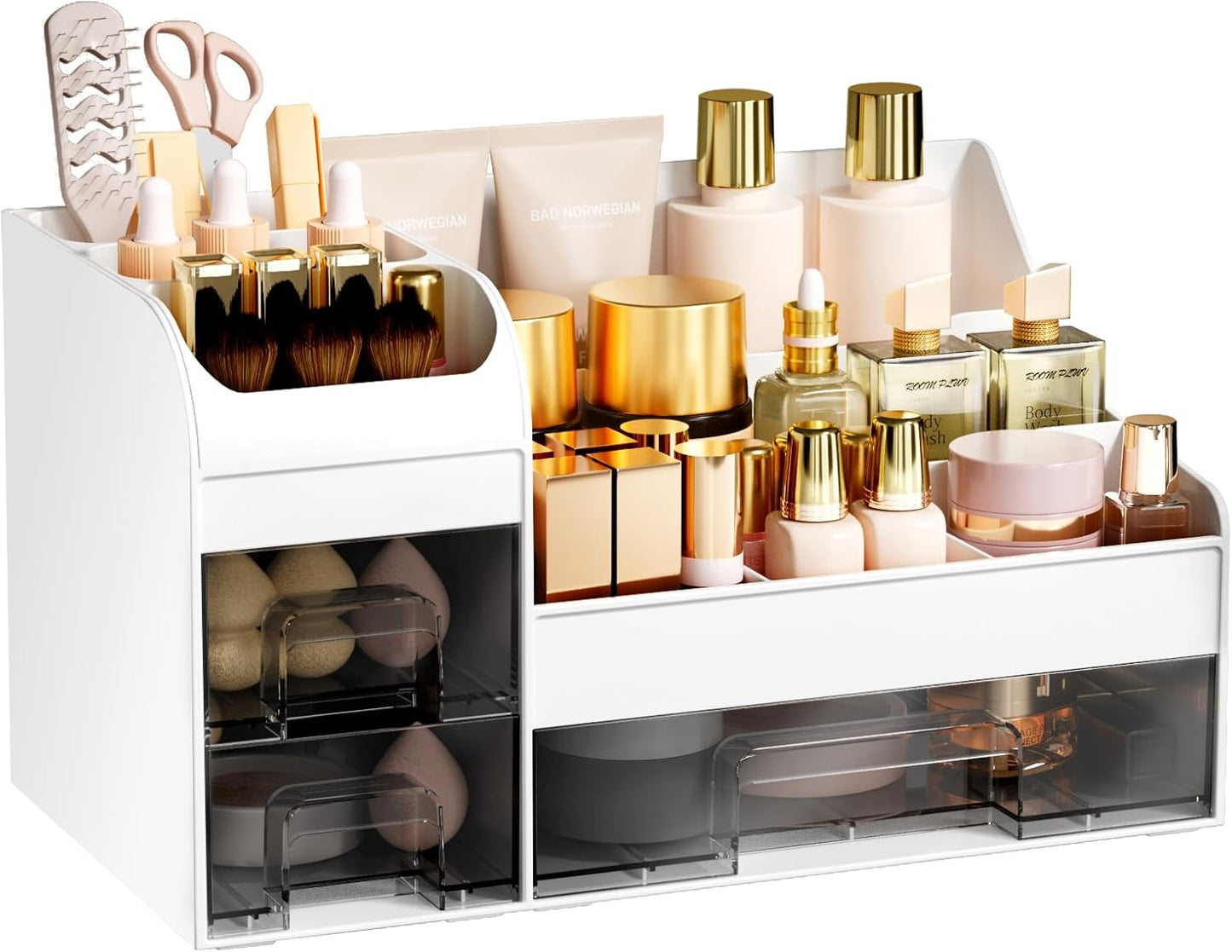 Large Makeup Organizer - Vanity Countertop Storage with Drawers & Brush Holder | Black