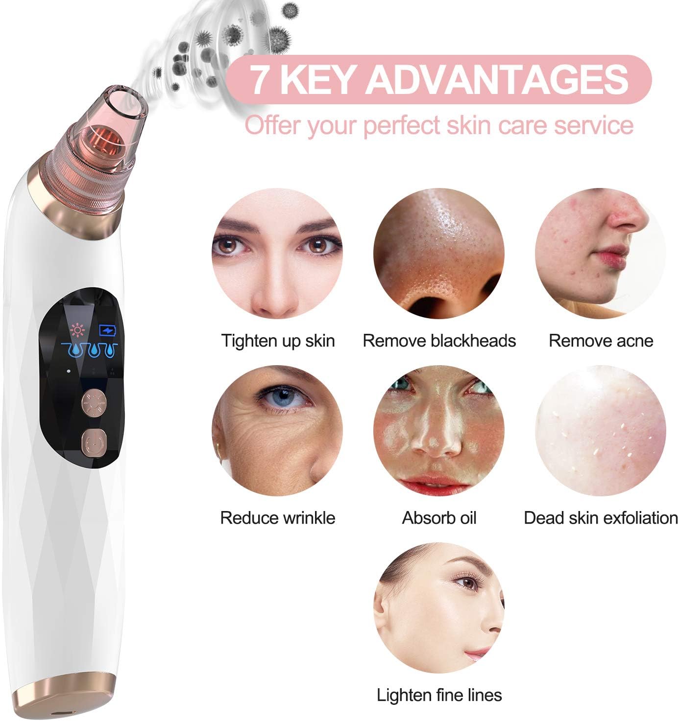 Blackhead Remover Pore Vacuum - Upgraded Electric Face Cleaner with 5 Suction Heads & LCD Screen | Acne & Whitehead Removal Tool