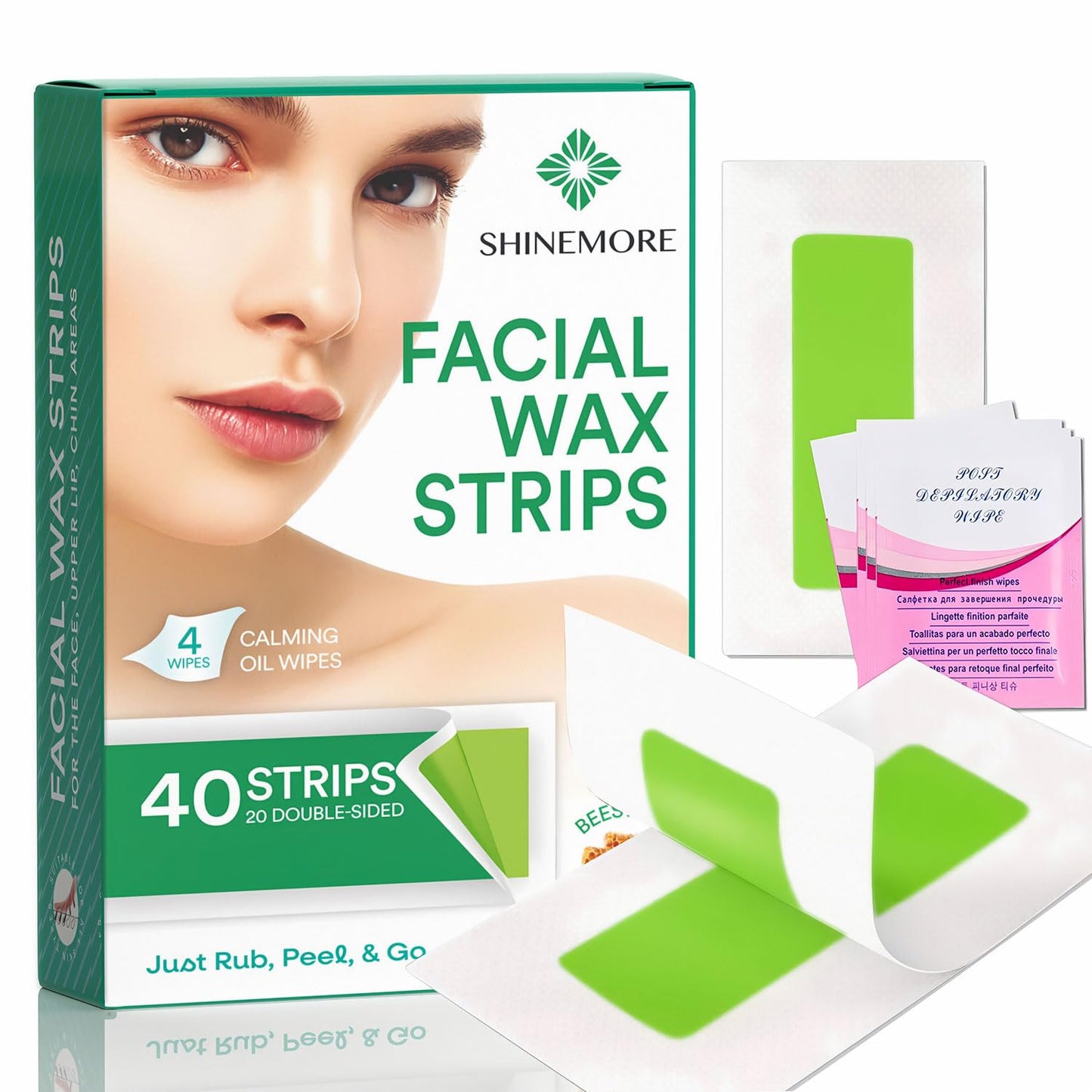 ShineMore Facial Wax Strips - Hypoallergenic Hair Removal for All Skin Types | 40 Strips + 4 Calming Oil Wipes
