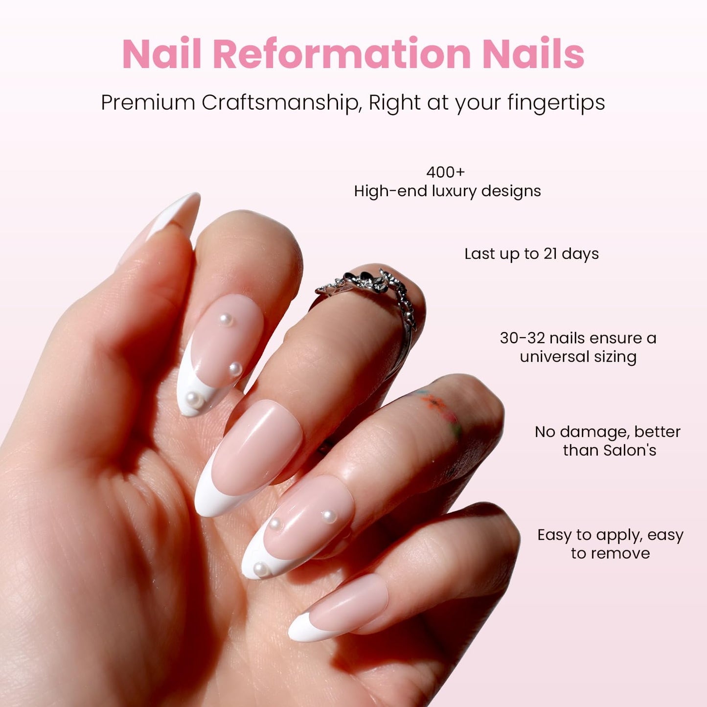 Nail Reformation Press On Nails, Sugar-Coated | Pink Medium Almond Fake Nails in French Tip with 3D Pearls in a Glossy Finish, Reusable Stick On Nails in 15 Sizes - 30 False Nail Kit for Women Gifts