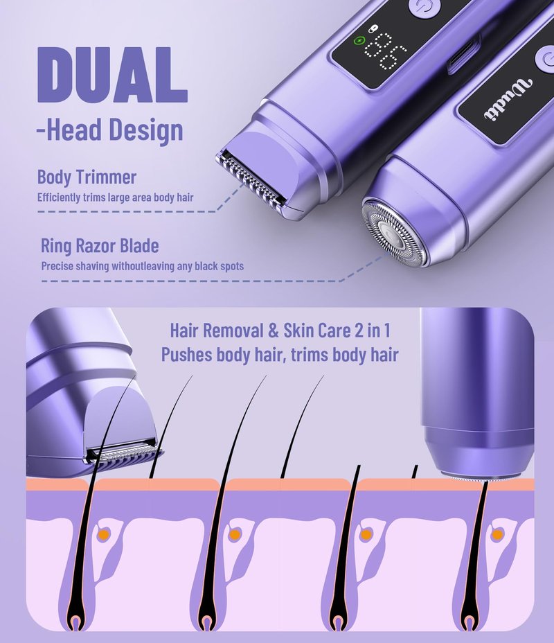 Dynooper Electric Bikini Trimmer for Women: IPX7 Waterproof Dual Head Cordless Electric Shaver for Women with LED Display & 0.5mm Ceramic Blades for Pubic Hair, Face, Legs - Cobalt Blue