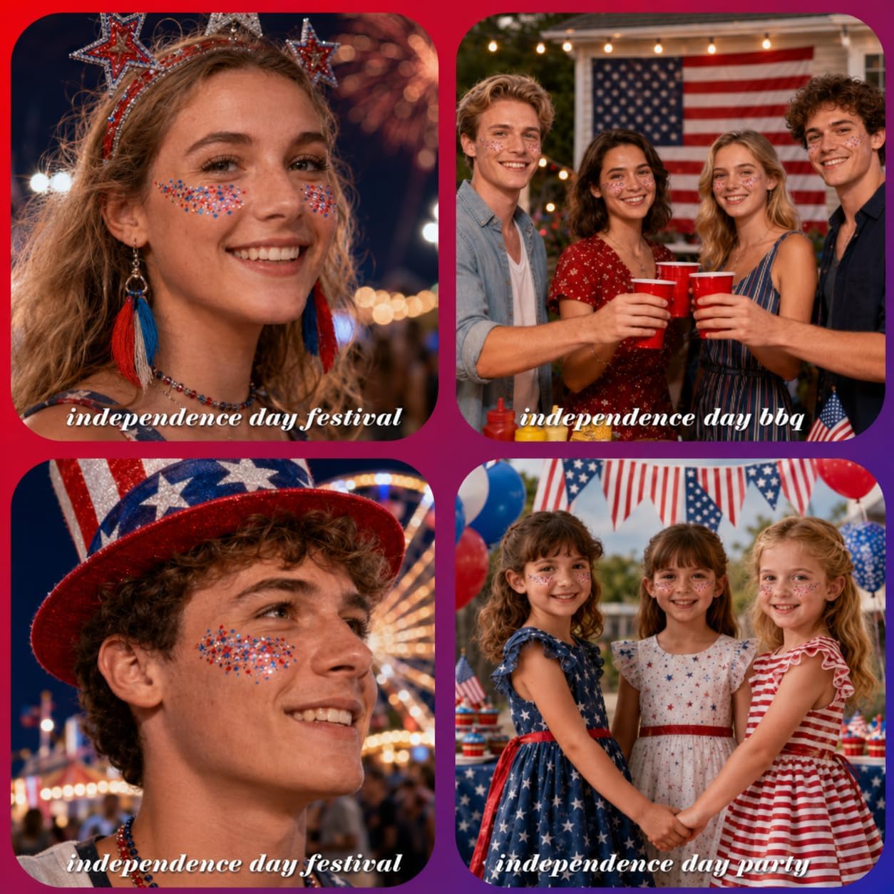 Red White and Blue Hair Glitter - Self-Adhesive Waterproof Face Glitter for 4th of July | Firework Ribbon Sequins