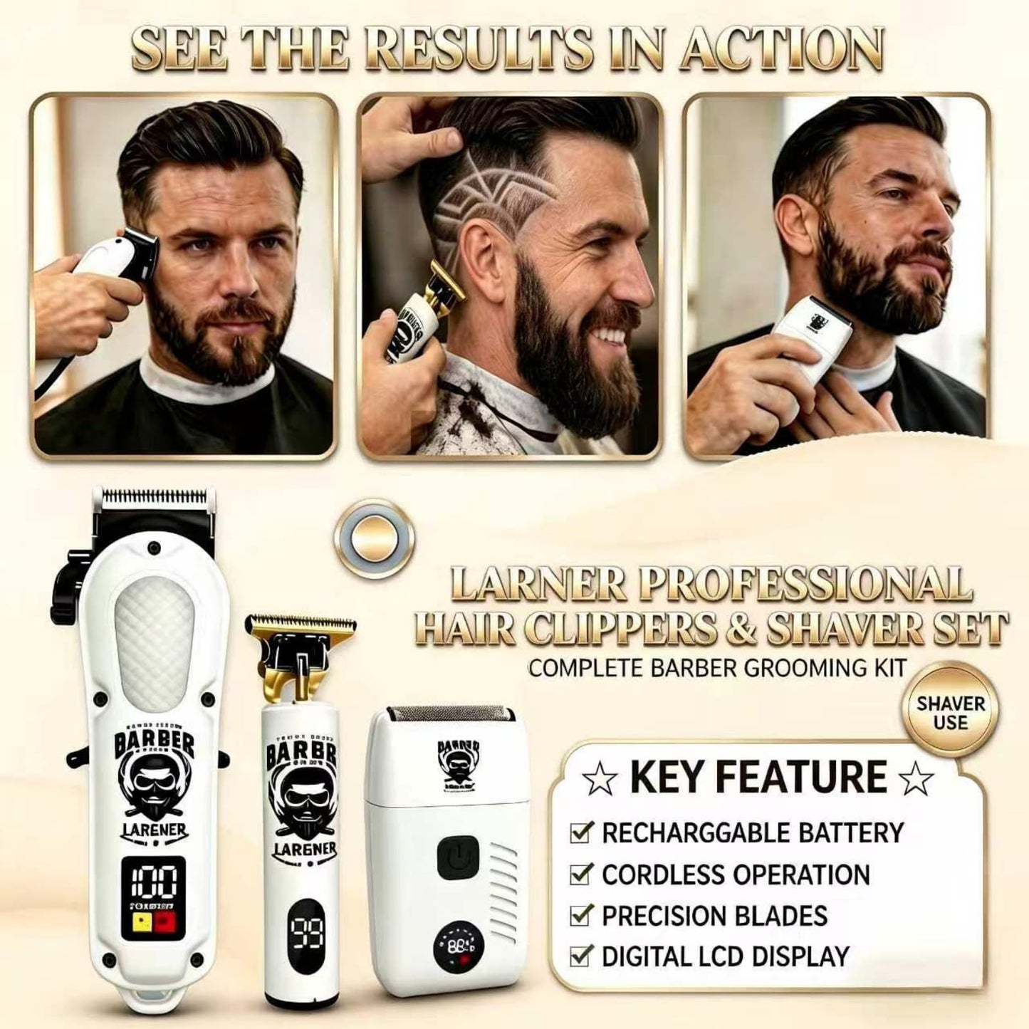 LARGNERSHAVER Hair Clippers for Men, Clippers and Trimmers Set, Barber Clippers, Electric Hair Trimmer with Box, Gifts for Men (White-3in1)