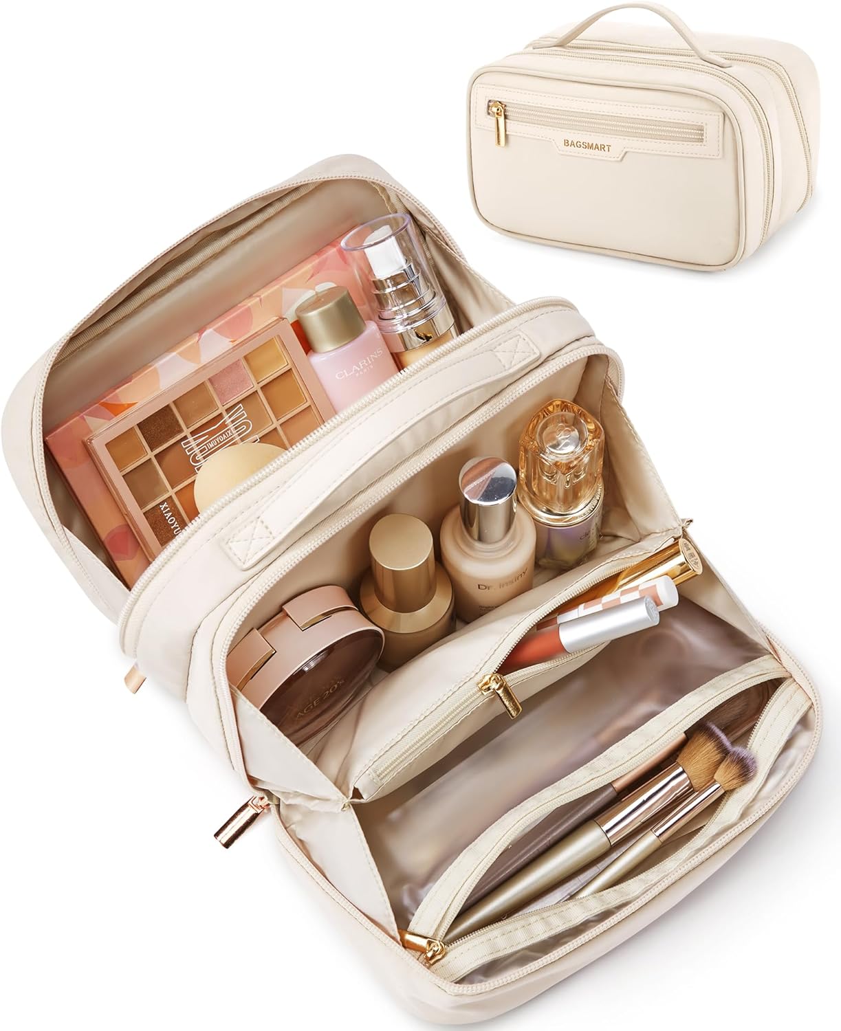 Travel Makeup Bag - Durable Compact Organizer with Multiple Compartments | Beige Cosmetic Case for Women