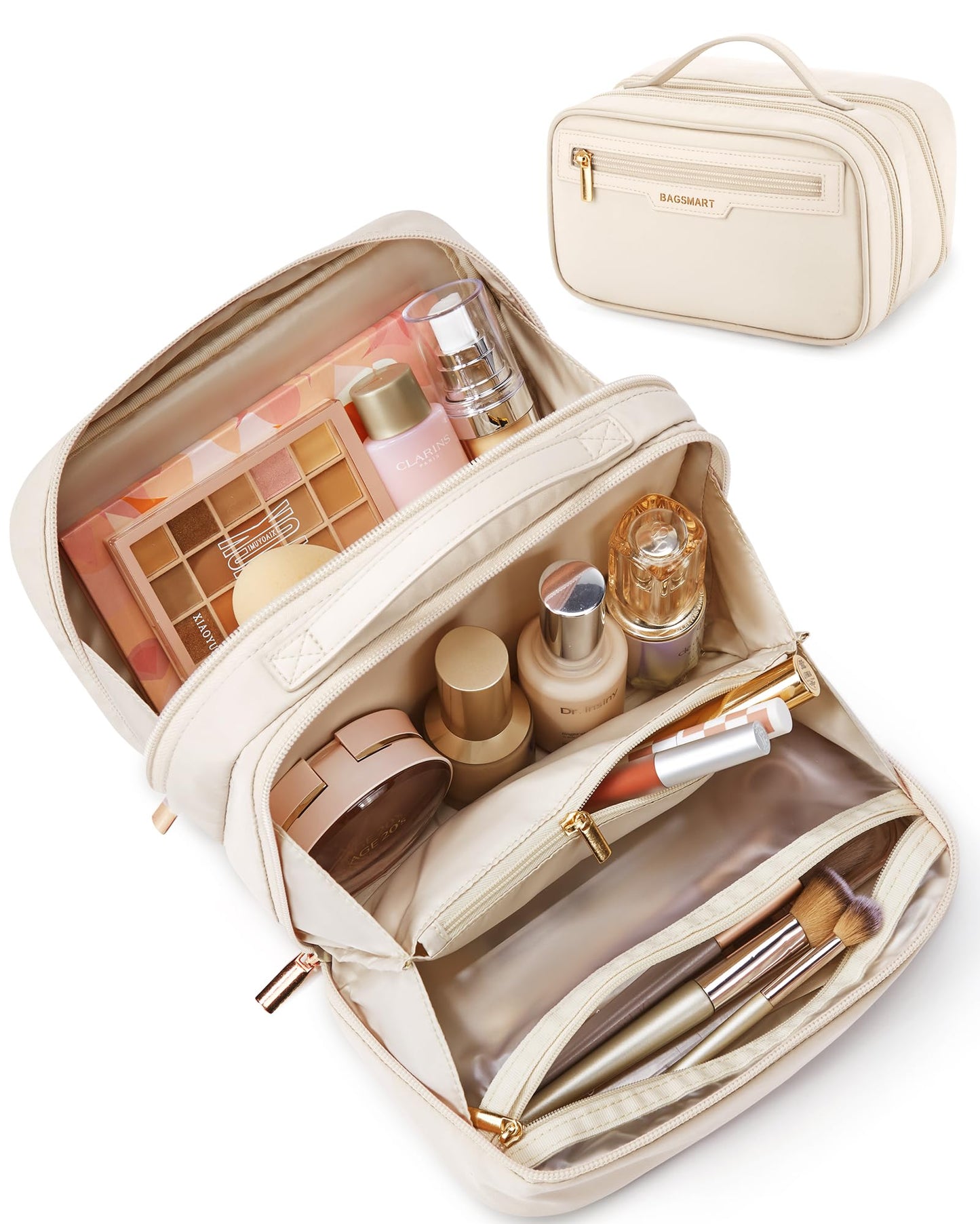 BAGSMART Travel Makeup Bag, Make Up Bag with Multiple Compartments for Organizer, Durable & Compact Cosmetic Organizer for Women for Travel Accessories (Beige)
