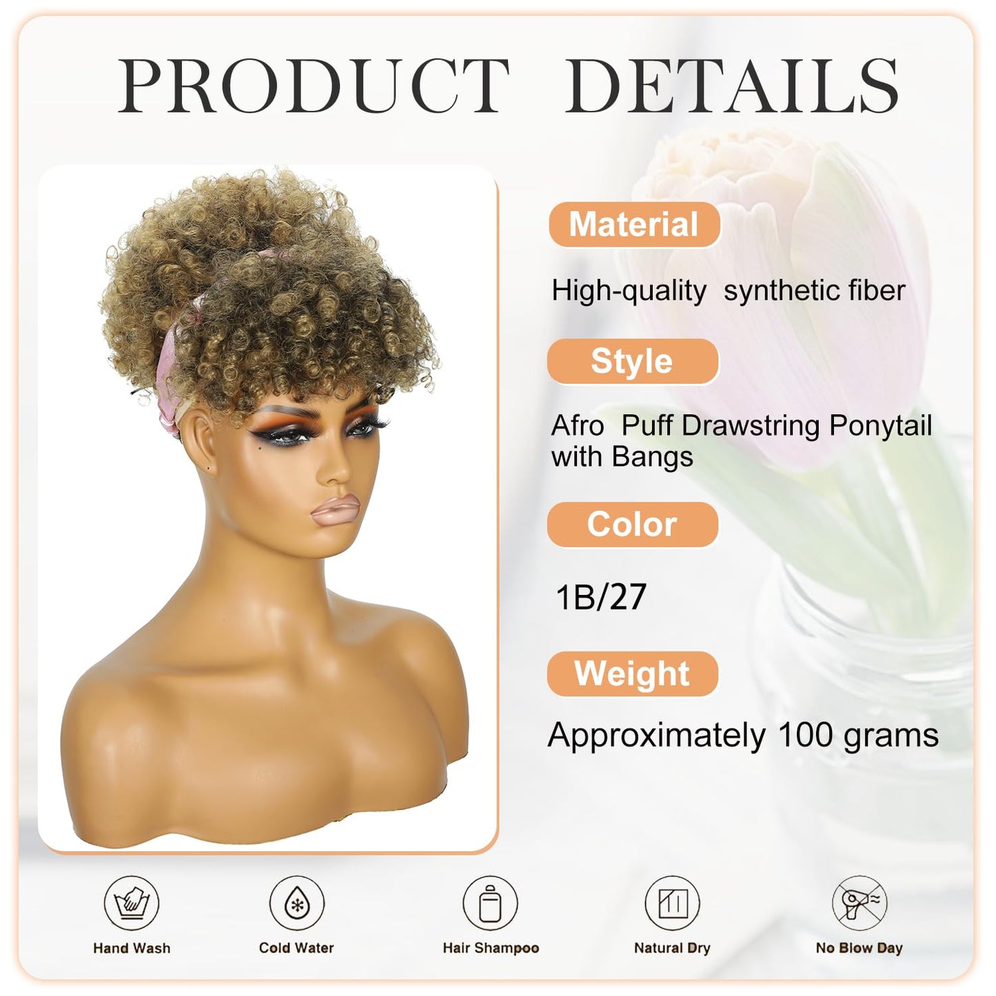 Afro Puff Drawstring Ponytail with Bangs,Short Blonde Kinky Curly Synthetic Blonde Pony Tails Hair Extensions Drawstring Ponytail for Black Women Hair Bun Fluffy Updo for Daily and Party Use 1B/27