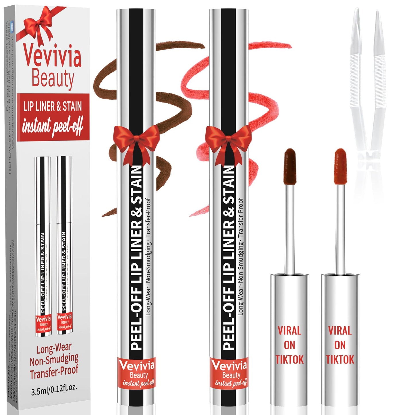 Vevivia Beauty 2pcs Lip liner Stain Peel Off,Lip Stain Waterproof Long Lasting,2-in-1 Lip Liner with Tweezer,Non-Fading Peel Off Lip Color,Stay On All Day,Perfect for Gift,Highly Pigmented Color