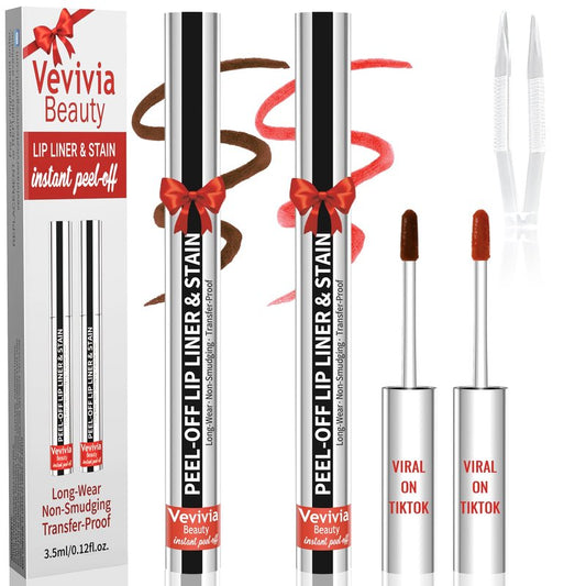 Vevivia Beauty 2pcs Lip liner Stain Peel Off,Lip Stain Waterproof Long Lasting,2-in-1 Lip Liner with Tweezer,Non-Fading Peel Off Lip Color,Stay On All Day,Perfect for Gift,Highly Pigmented Color