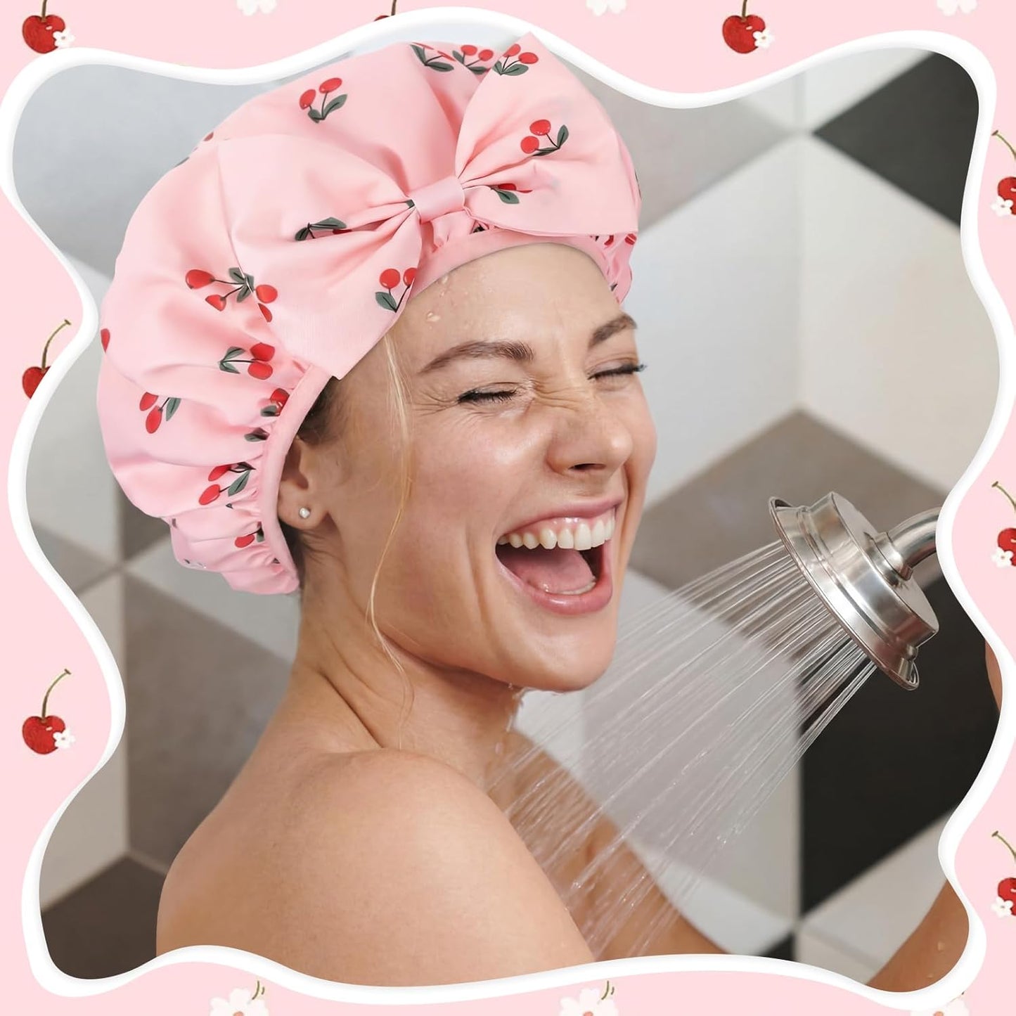 Cherry Shower Cap for Women - Terry Lined, Waterproof & Adjustable | Reusable Double Layer Bath Bonnet for Braids & Curly Hair