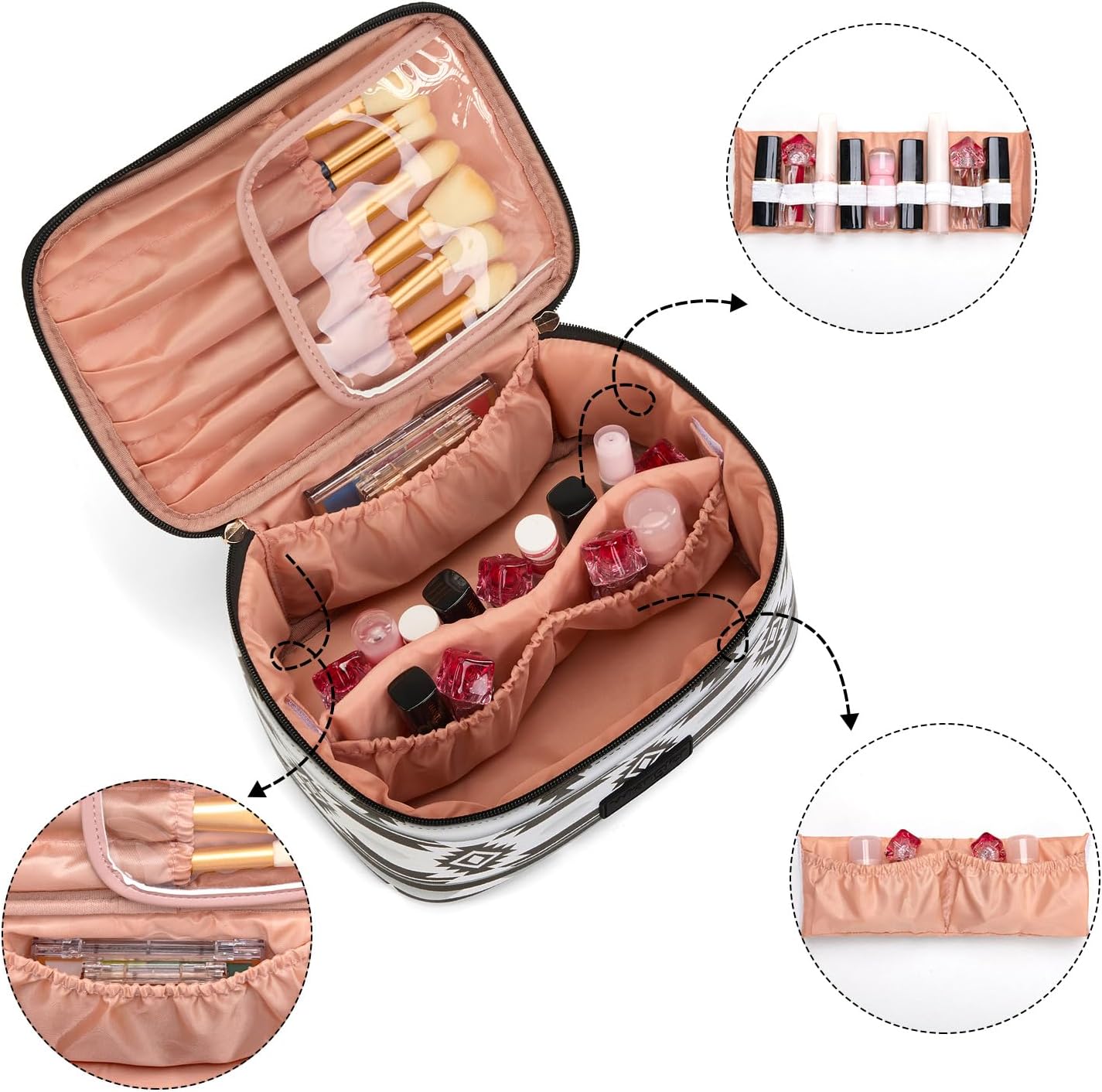 Travel Makeup Bag Set - Large Cosmetic Organizer with Brush Holder | Portable Toiletry Bag for Women - Aztec Design