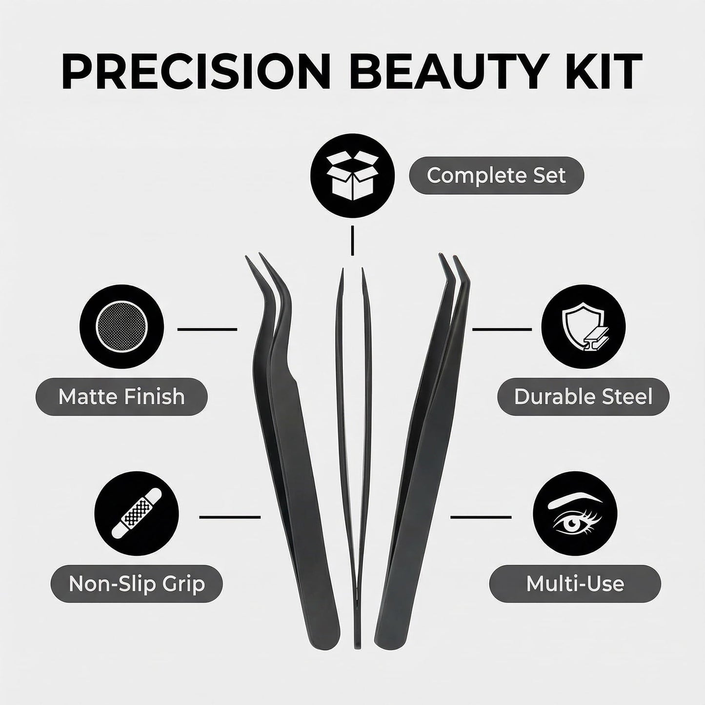 Black Stainless Steel Eyelash and Eyebrow Tools Set Precision Beauty Kit for Grooming Styling and Maintenance