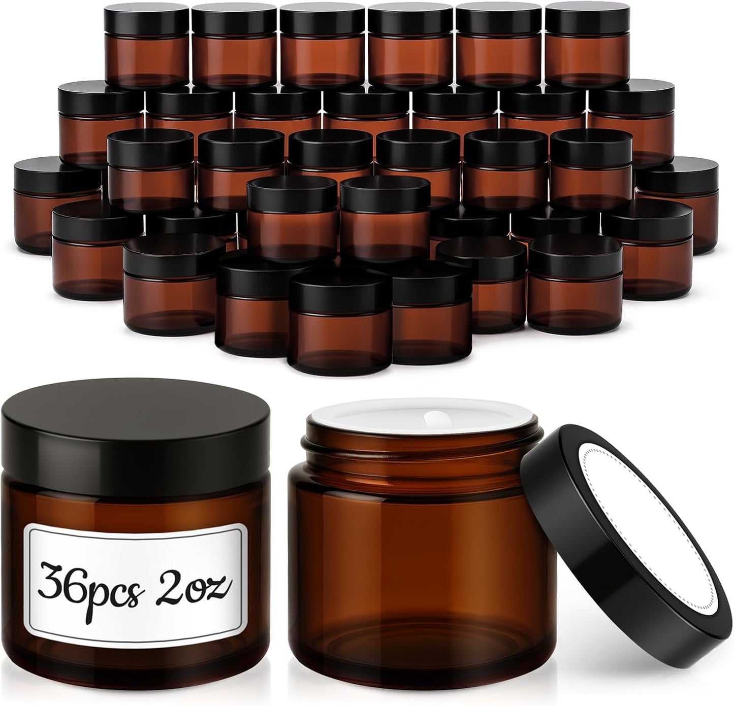 Amber Glass Jars - 2 oz Leakproof Containers with Black Lids | 36 Pack for Lotions, Powders & Candle Making