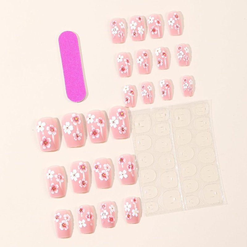 Flower Press On Nails - Cherry Blossom Design Glossy Pink Acrylic | 24 Medium Square Fake Nails for Spring & Summer