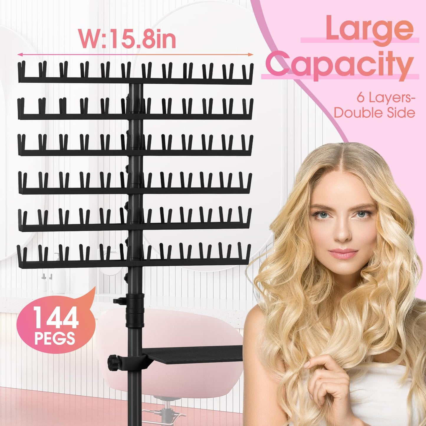 Klvied 144 Pegs Braiding Hair Rack Standing, Height Adjustable Hair Holder for Braiders with Accessory Tray & Carrying Bag, Heavy Duty Rolling Hair Organizer for Salon & Home (48.2"-62.9"), Black