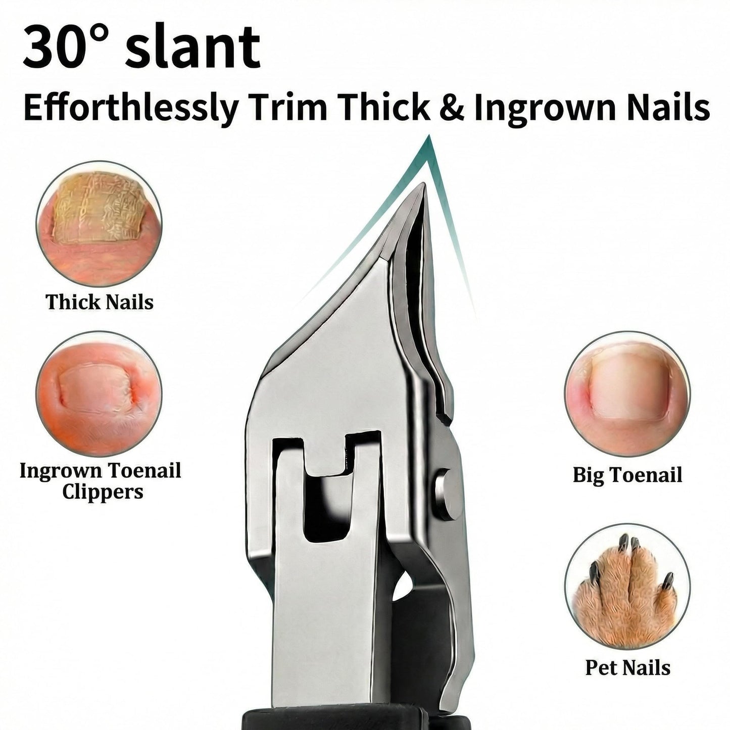 Nail Clippers Set for Seniors Thick Toenails, Ingrown 30° Slanted Eagle-Beak Clipper with Wide Jaw Opening, Anti-Splash Catcher, Long Handle Stainless Steel Kit for Men Women Adults Black
