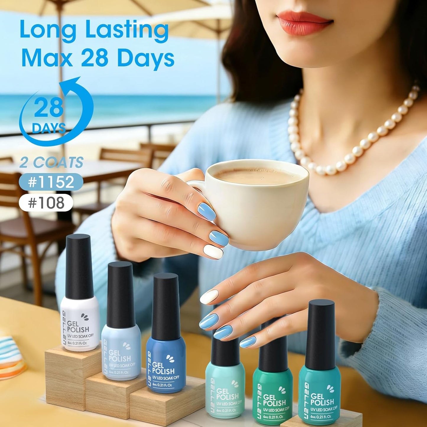 Teal Green Blue Gel Nail Polish - 6-Color Semi-Permanent Formula | No Wipe, Glossy Finish, HEMA & TPO Free