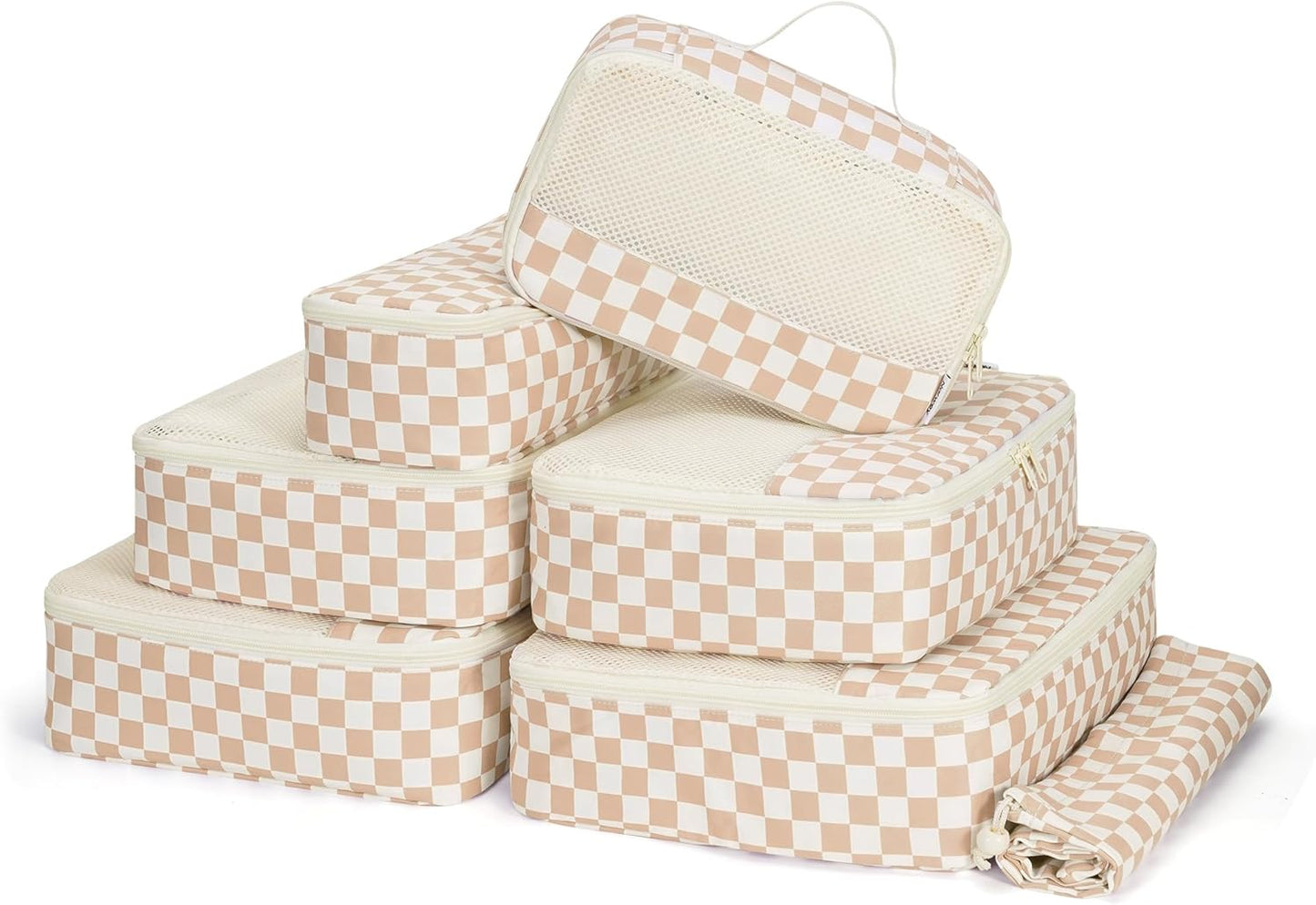 Checkered Packing Cubes - 7 Set Travel Organizer Bags for Suitcase | Durable Dusty Pink Design