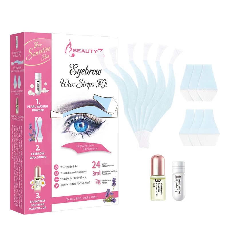 Beauty7 Sensitive Eyebrow Wax Strips, Eyebrow Waxing Strips 24 Strips with Pearl Powder Essential Oil for Sensitive Skin for Women