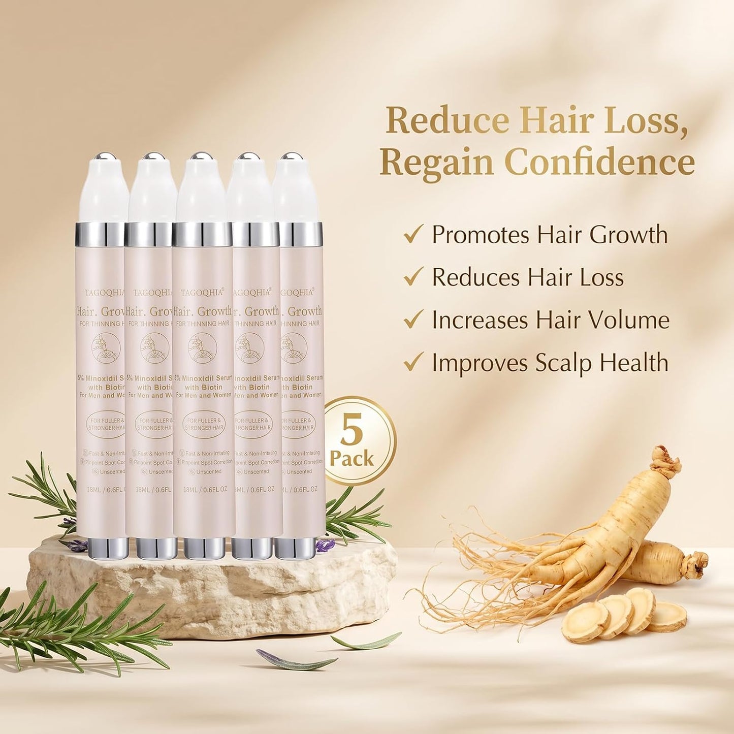 Hair Growth Serum Roll-On | 5% Minoxidil Gel for Men & Women - Anti Hair Loss Treatment (18ml)