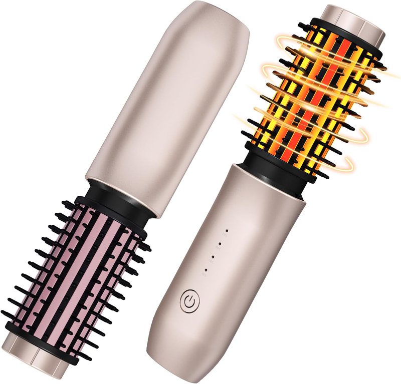 Cordless Hair Curling Iron Brush - 3-in-1 Portable Travel Curling Wand | Blush Pink, USB Rechargeable, 7000mAh