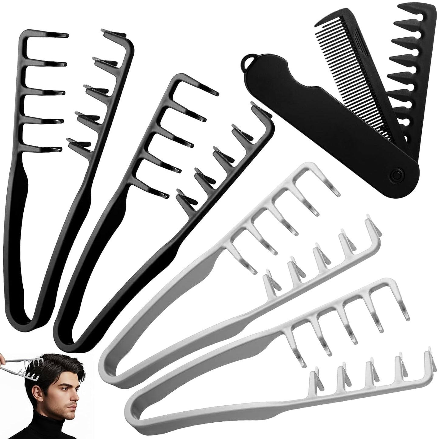 5 Pcs Volumizing Texture Comb Set - Travel Folding Wide & Fine-Tooth Hair Combs | Textured Grip for Fluffy Hairstyles (Gray, Black)