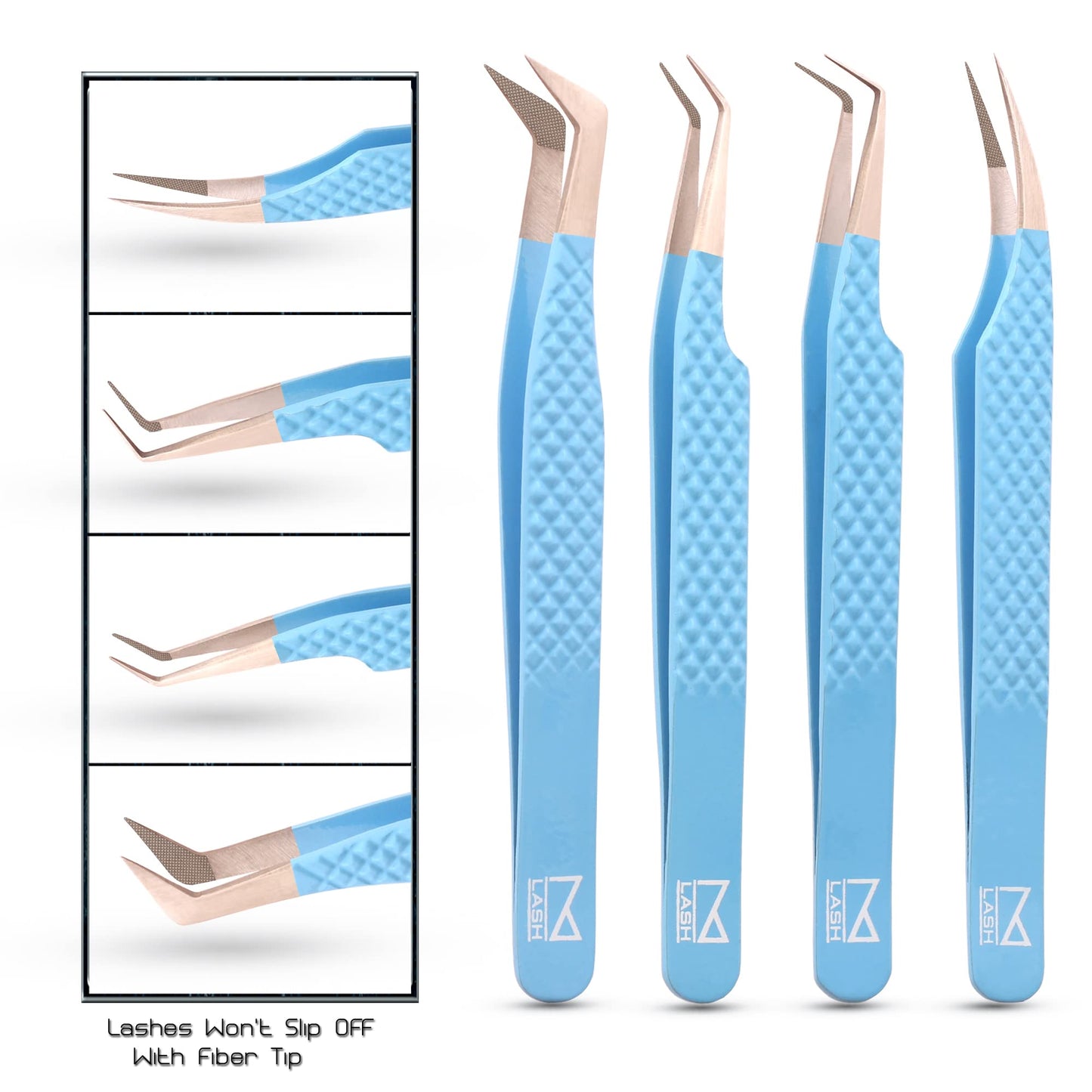 M LASH Eyelash Extension Tweezers (Set of 4) - Professional & Precision Lash Tweezers for Eyelash Extensions - Japanese Steel, Diamond Grip, Fiber Tip V5 (Teal)