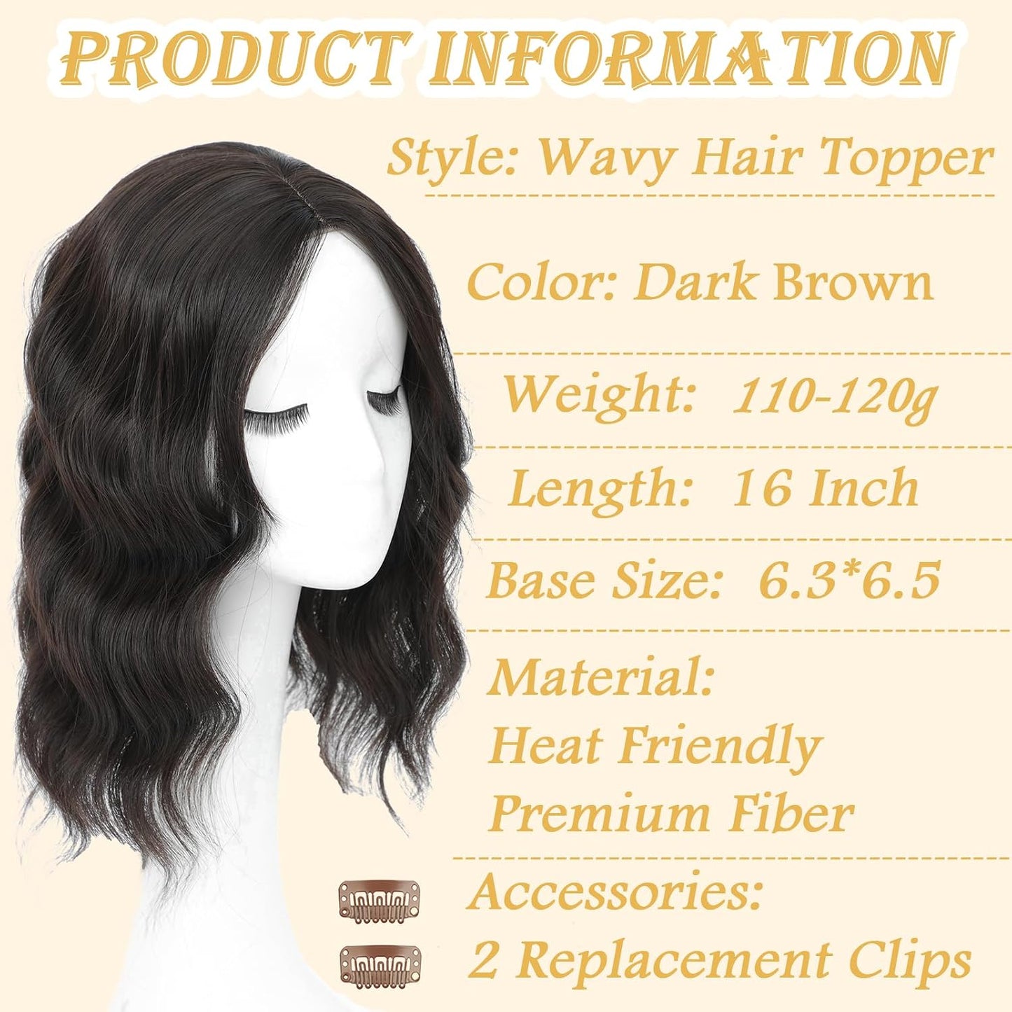 Hair Topper for Women - 16 Inch Synthetic Curly Wavy Clip-In with Curtain Bangs | Natural Looking Dark Brown Volume Piece
