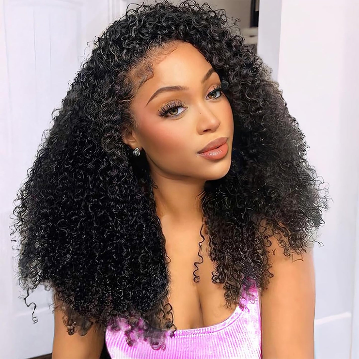 Kinky Curly Half Wig - 200 Density Human Hair | Seamless Glueless Design, 18-Inch Length, Beginner Friendly