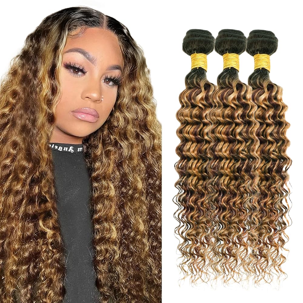 30 32 34 inch 4/27 Bundles Dark Brown Human Hair Bundles Ombre Deep Wave Bundle Mixed Length P4/27 Deep Wave Bundle 300g