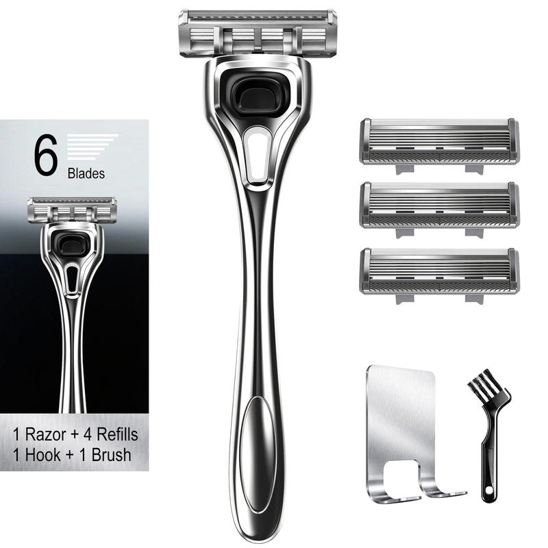 FYNEDGE Professional 6-Blade Men's Razor with Lubricating Strip & Precision Trimmer, 45° Pivoting Head, Metal 1 Handle +4 Blade Refills, Includes Cleaning Brush & Wall Mount
