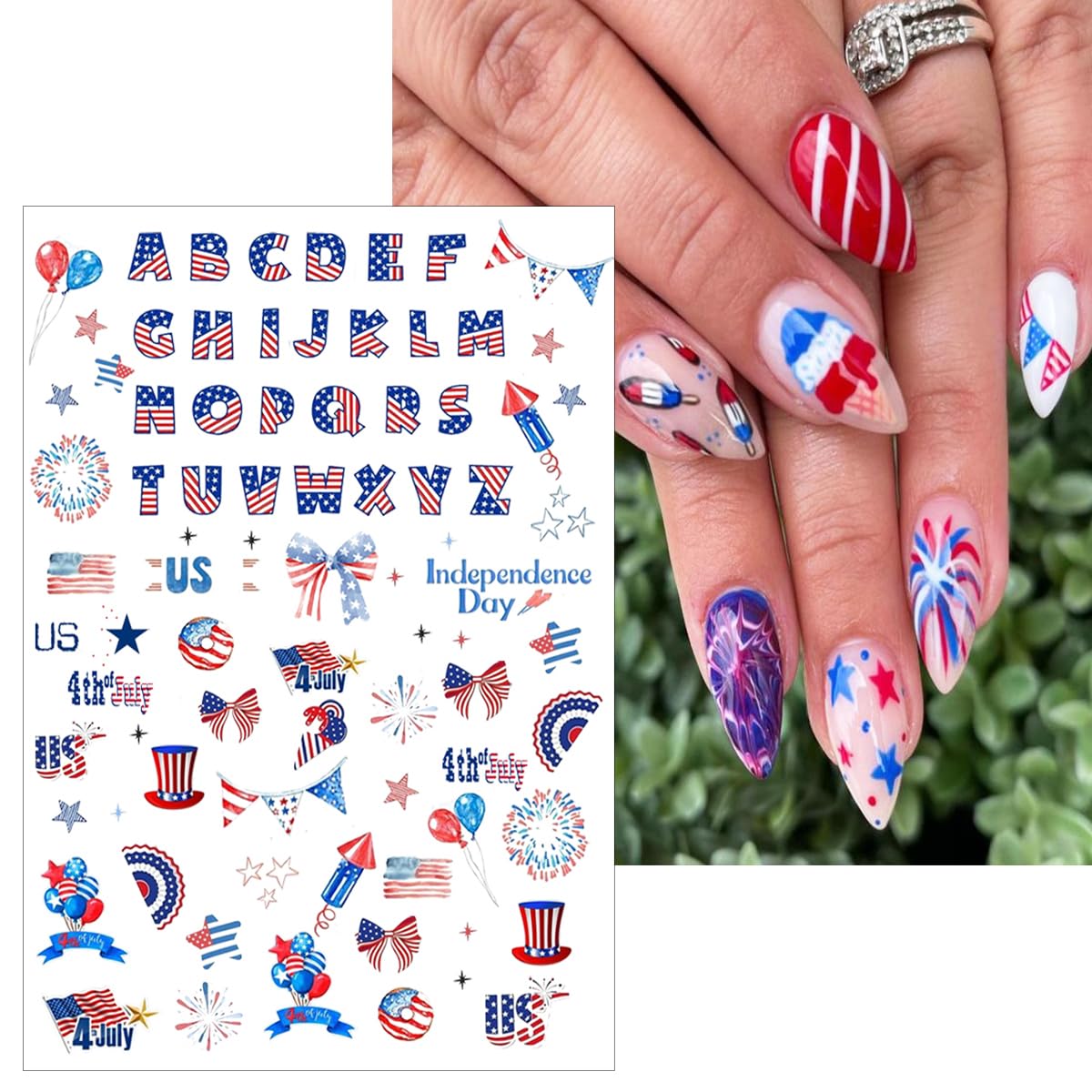 6 Sheets 4th of July Nail Stickers for Nail Art 3D Self Adhesive Independence Day Nail Art Stickers American Flag Stars Letters Fireworks Nail Decals Fourth of July Design Sticker for Women