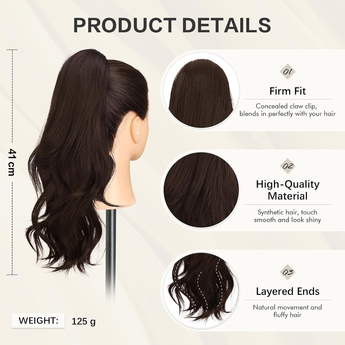 Claw Clip Ponytail Extension - 16 Inch Curly Wavy Synthetic Hairpiece | Dark Brown Fluffy Clip-In for Natural Look