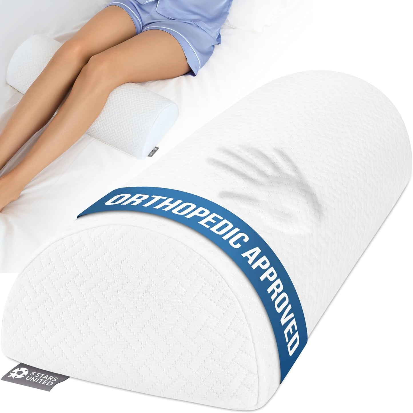 Knee Pillow for Back Sleeping - Memory Foam Half Moon Bolster Pillow for Legs | White