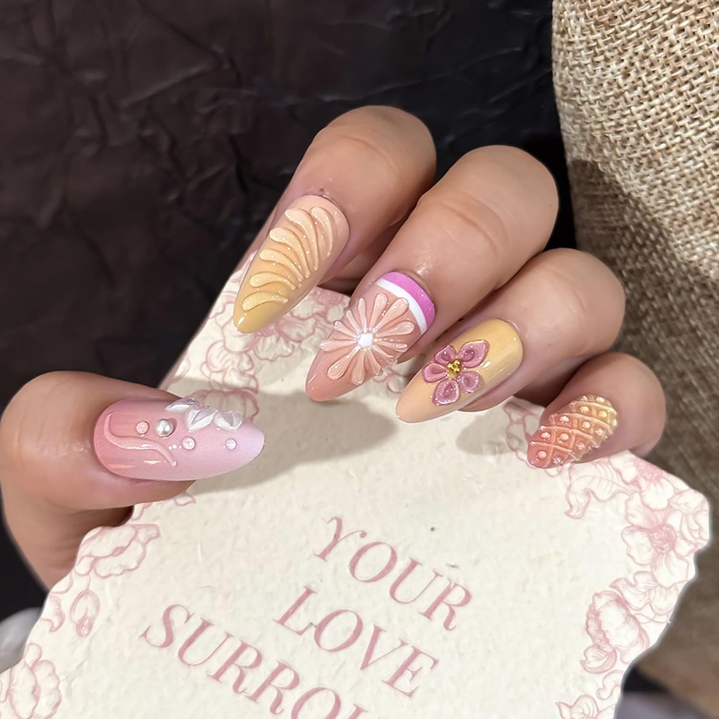 24Pcs Summer Press-On Nails - Medium Almond 3D Lemon Flower Acrylic with Gold Beads | Cute Floral Full Cover