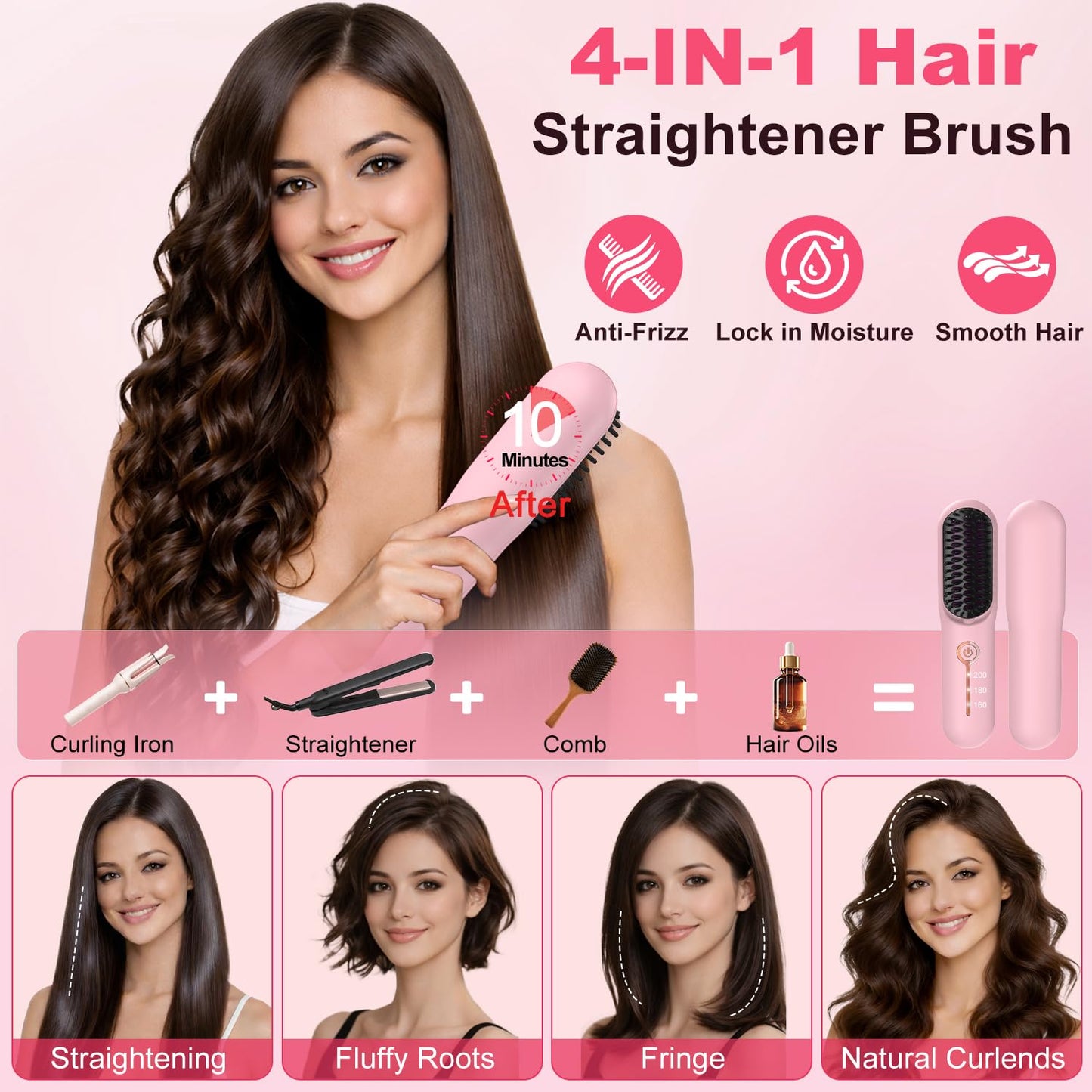 Cordless Hair Straightener Brush, Portable Ionic Plus Frizz-Free Straightening Brush, Rechargeable Touch Up On-the-Go Brush, MCH Fast Heating, 5D Dense Bristles, Auto-Off, Anti-Scald for Women Travel