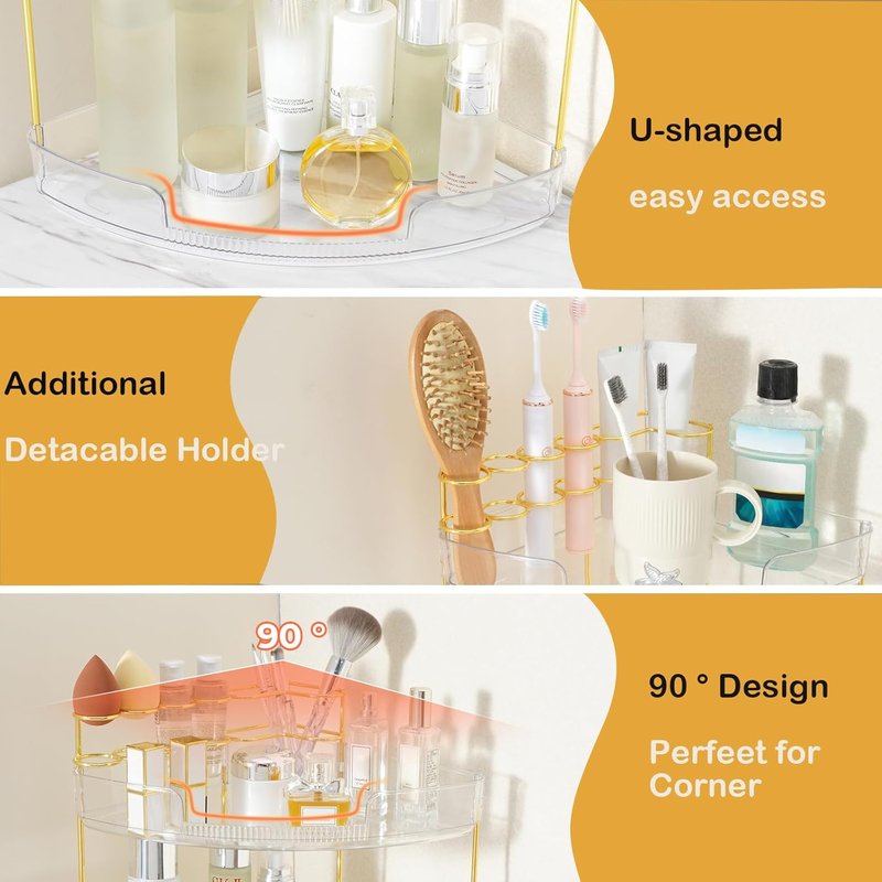 3-Tier Corner Bathroom Counter Organizer - Makeup & Skincare Storage with Brush Holder | Amber