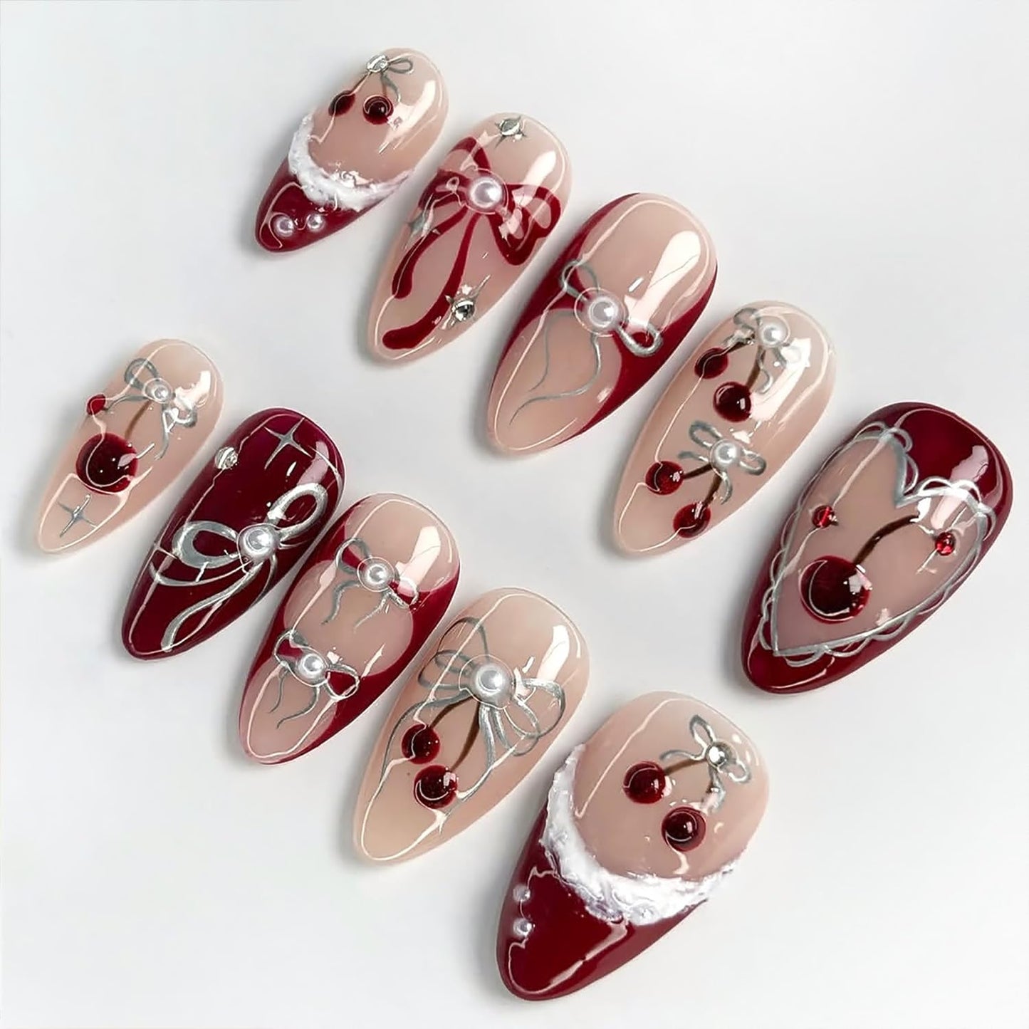 French Tip Press-On Nails - 24 Pcs Medium Almond with 3D Flower & Gold Rhinestones | Full Cover Nude Artificial Nails