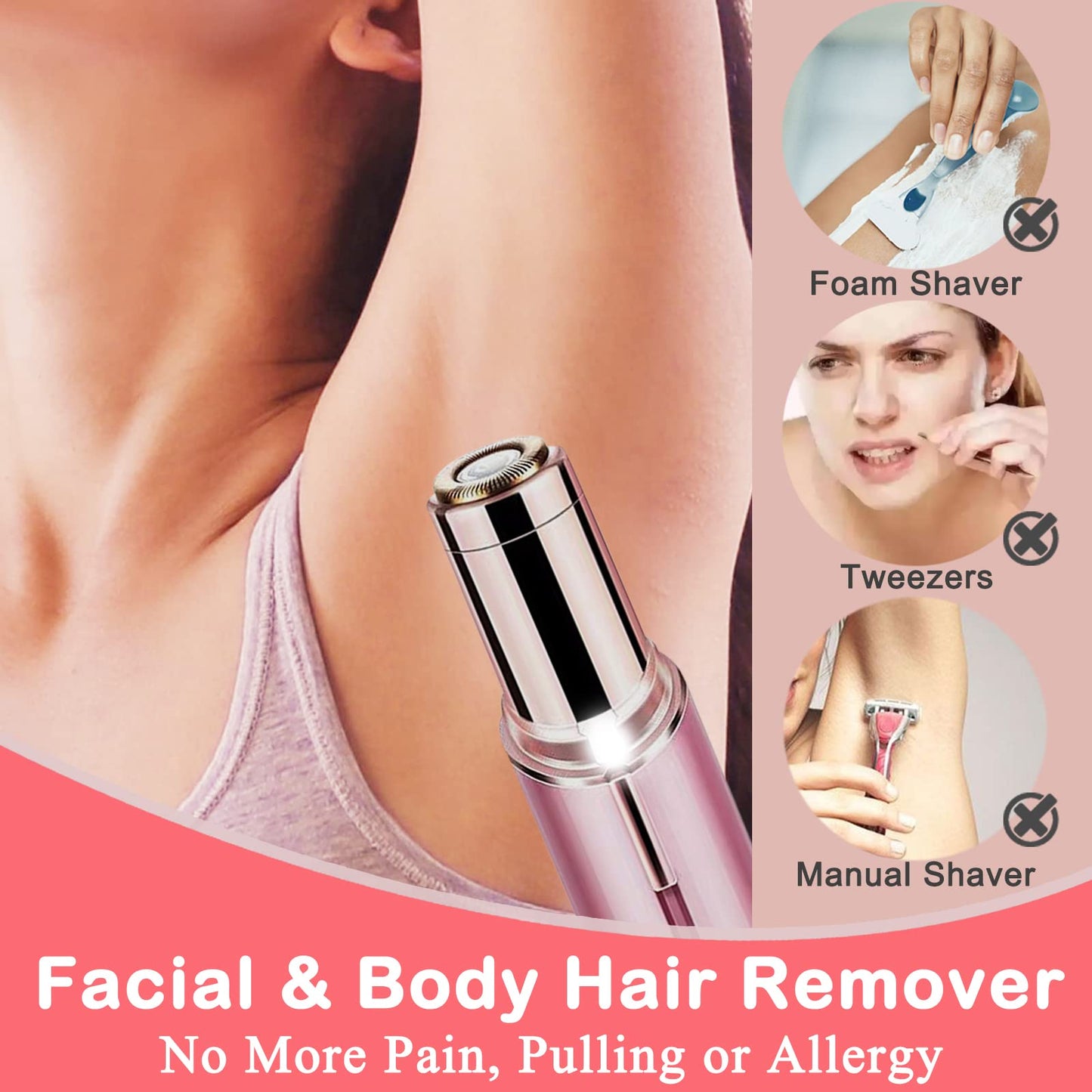 LAIKME Facial Hair Removal for Women, Mini Hair Remover, Electric Razor Shaver Portable Bikini Epilator for Lips, Chin, Armpit, Peach Fuzz, Fingers, Neck, Cheek and USB Rechargeable (Pink)