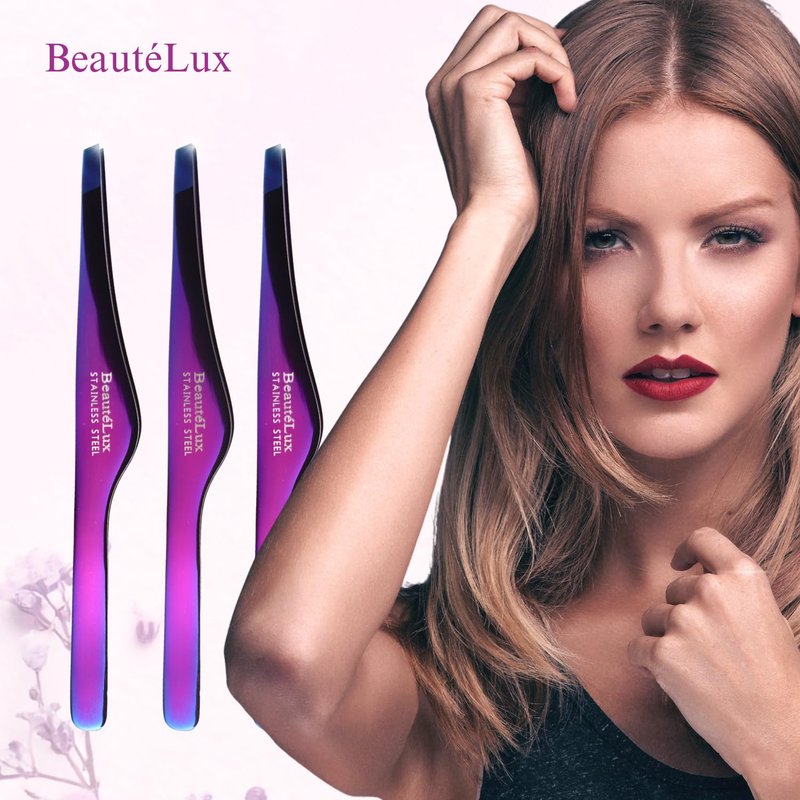 Beautélux Pro Series Purple Titanium Coated Tweezers – Precision Slant Tip Eyebrow Tweezers with Elegant Design, Professional Stainless Steel Hair Removal Tool with Purple Leather Pouch