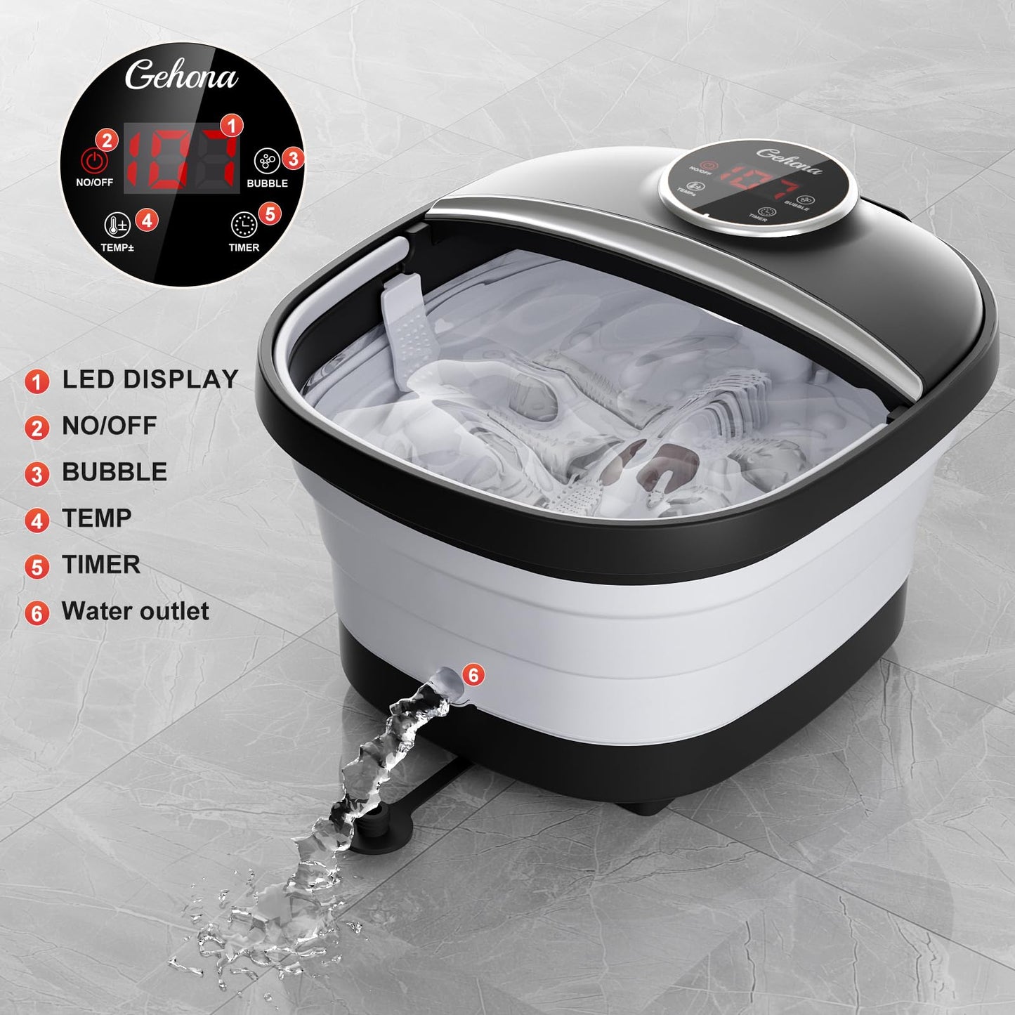 GEHONA Collapsible Foot Spa Bath with Heat, Foot Massager with Two Side Supports, Leakage Protector, Temperature Control, Bubbles, Red Light, Timer, Feet Soaker, Gifts (Deep Black)