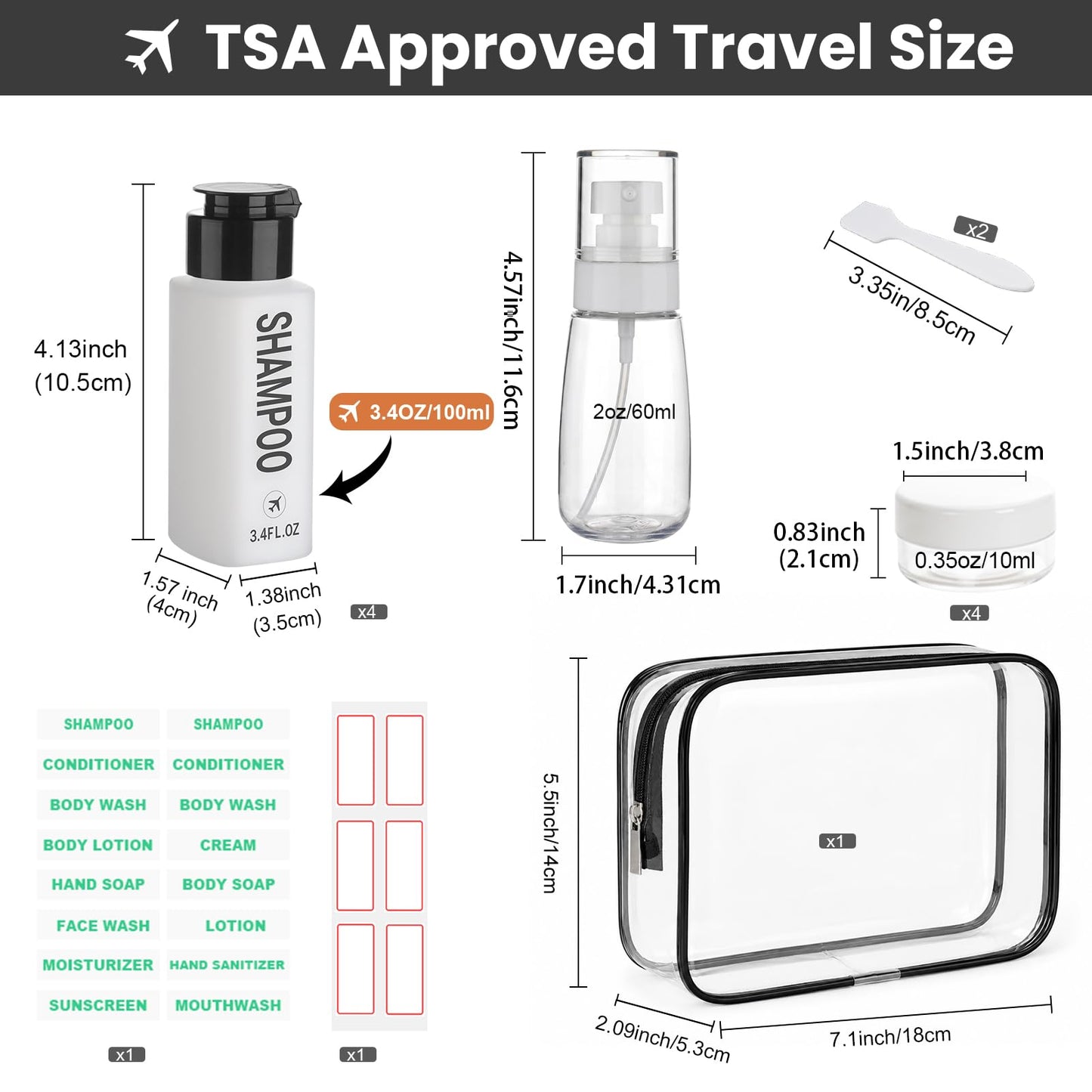 Decorniqu 14PCS 3.4oz Travel Bottles for Toiletries Pre-Printed Shampoo, Conditioner, Body Wash, Wide Mouth Containers TSA Approved 2oz Travel Spray Bottle Leak Proof Plastic Cream Jars(Black&White)