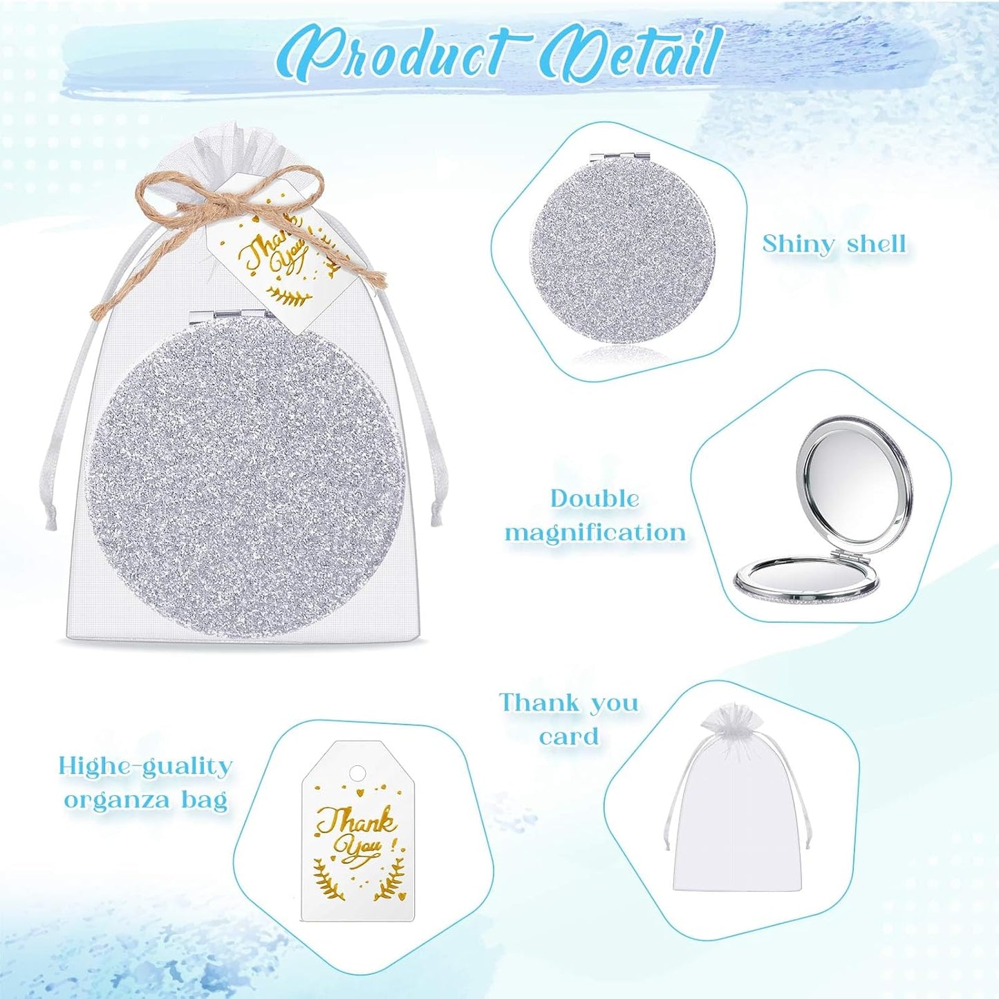 Compact Magnifying Mirrors - 30 Sets with Thank You Cards | Quinceanera Party Favors, Bridal Shower Gifts, Silver