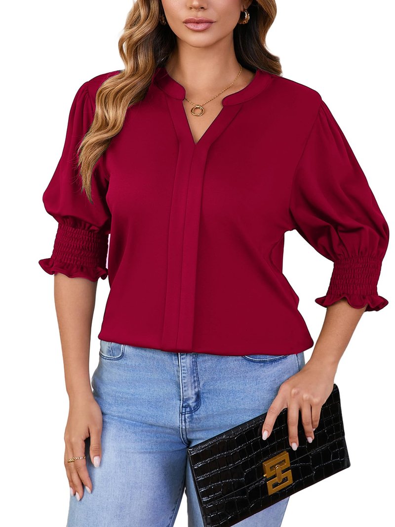 Tewsut Womens Plus Size Tops Oversized T Shirts Dressy V Neck Summer Blouses Casual Tunic Puff Short Sleeve Tops 1X-5X Burgundy