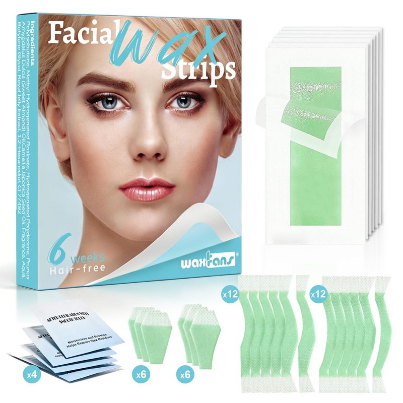 Waxfans 52PCS Wax Strips for Face, Eyebrow Wax Strips for Hair Removal, Waxing Kit for Women's Lip,Chin,Bikini,Underarms,Legs,Cejas | 56ct Face Wax Strips with 4 Post-wax Oil Wipes (Blue)