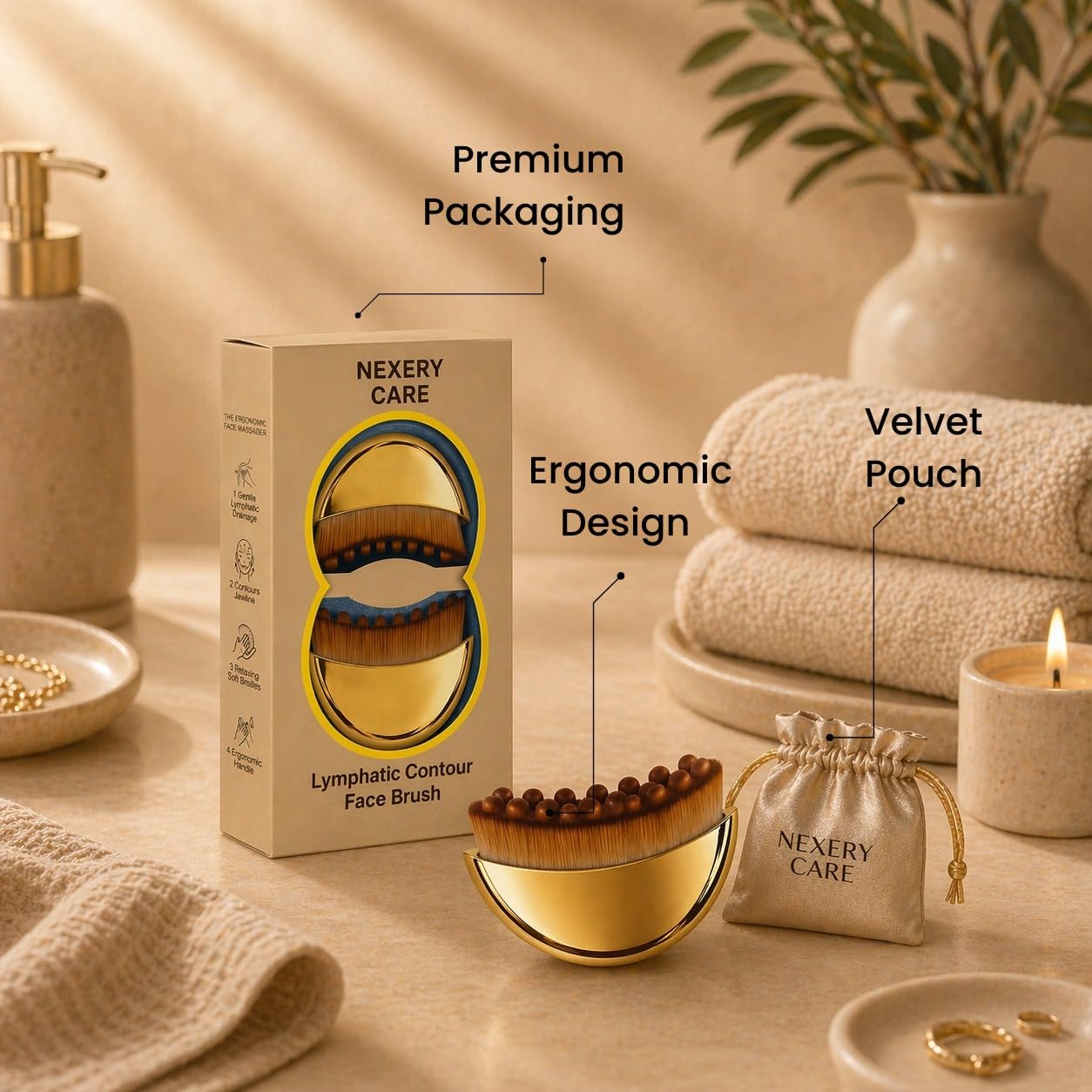 2 Pack Lymphatic Contour Face Brush for Lymphatic Drainage | Premium Face Sculpting Brush with Durable Soft Bristles | Anti-Puffiness, Ergonomic Design for Face Neck Chin (Gold)